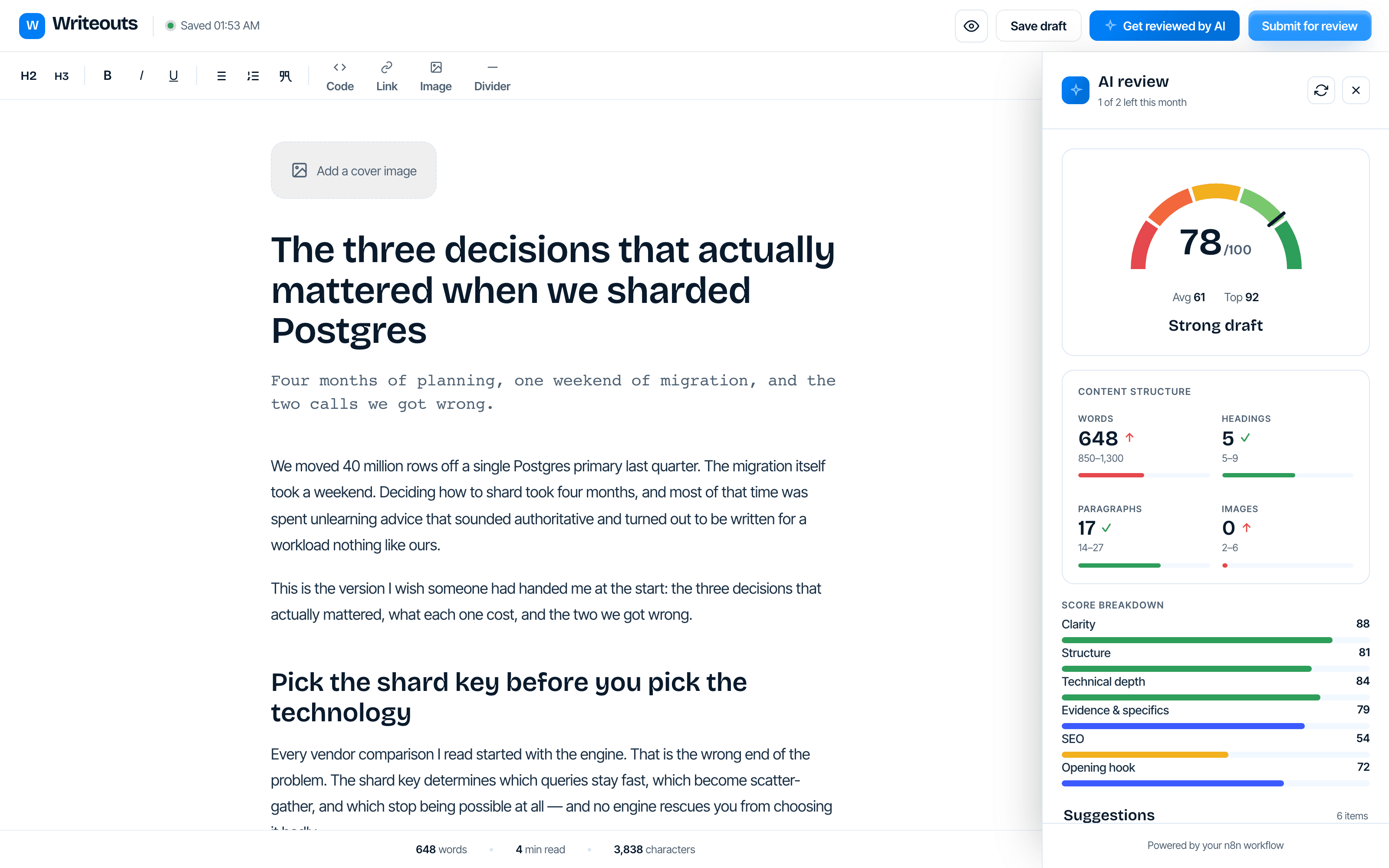 The AI review panel open beside a draft, showing a 78 out of 100 score and its breakdown