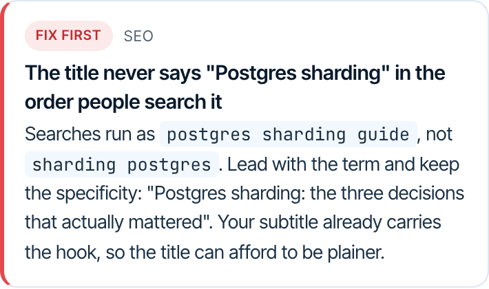 The top-ranked review suggestion, labelled fix first, with the specific change to make