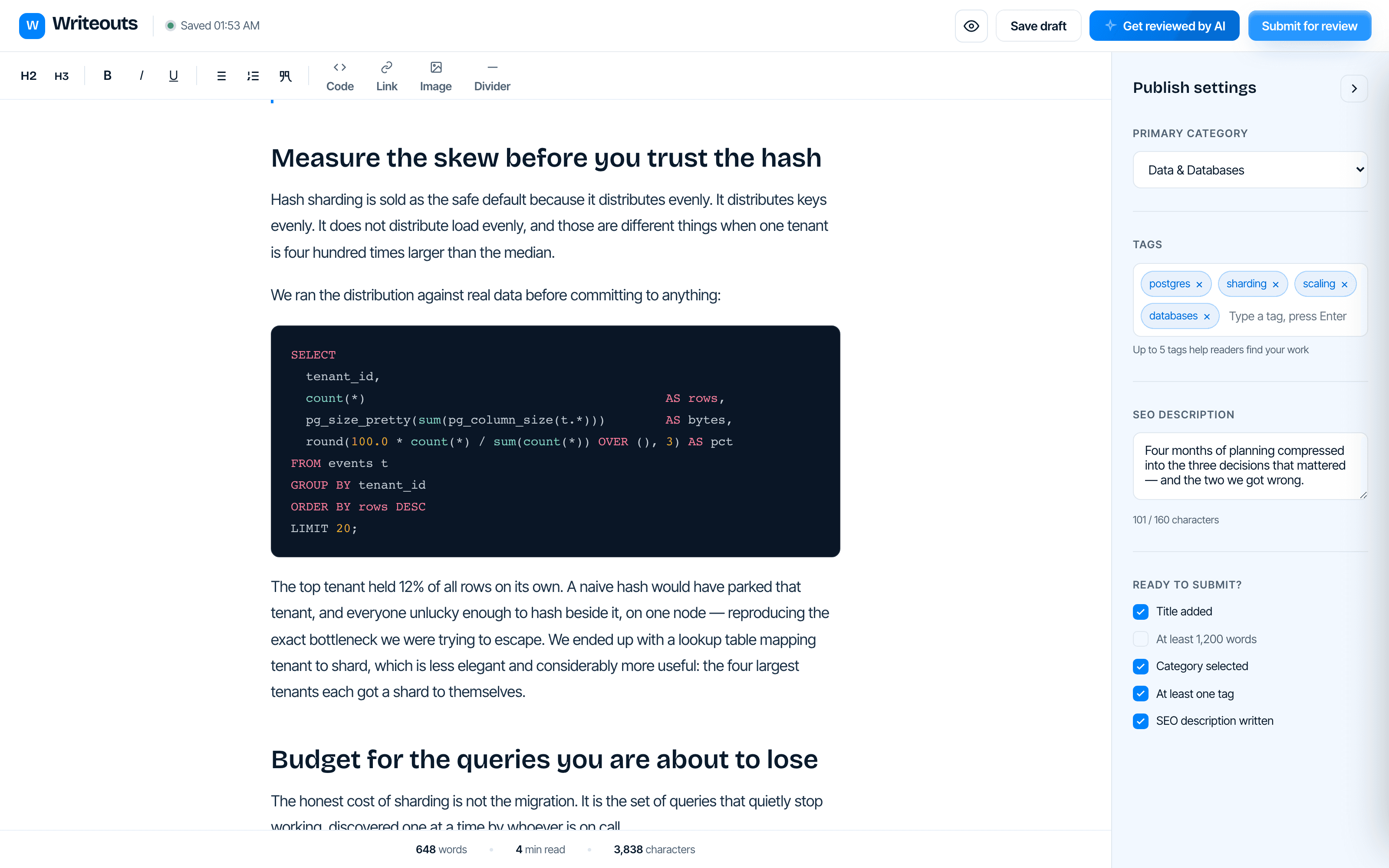 The Writeouts editor with a SQL code block in the draft and the publish settings panel open